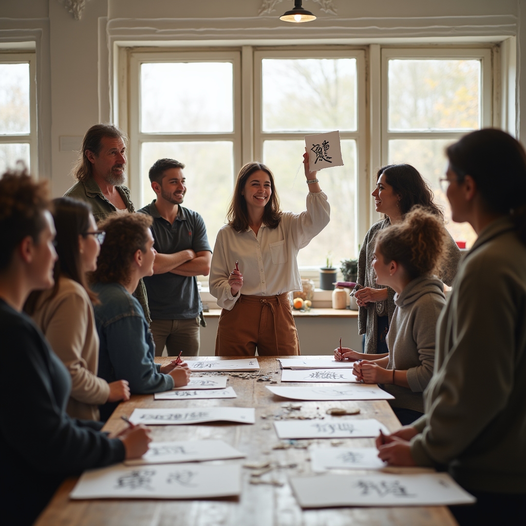 Grup de participanți la un atelier de caligrafie, discutând lucrările create