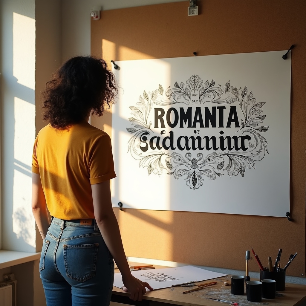 Afiș decorativ în curs de realizare cu text caligrafic și ornamente
