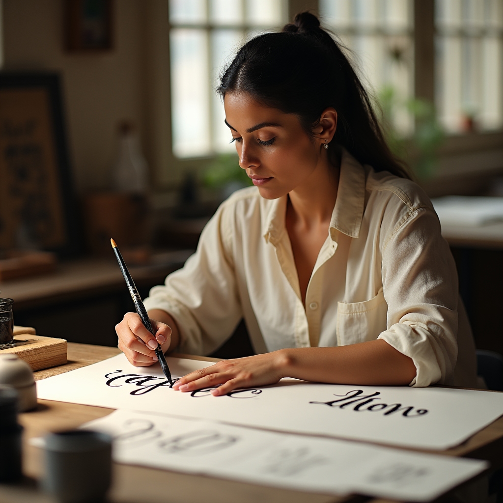 Atelier de caligrafie cu pensula și cerneală pe hârtie texturată